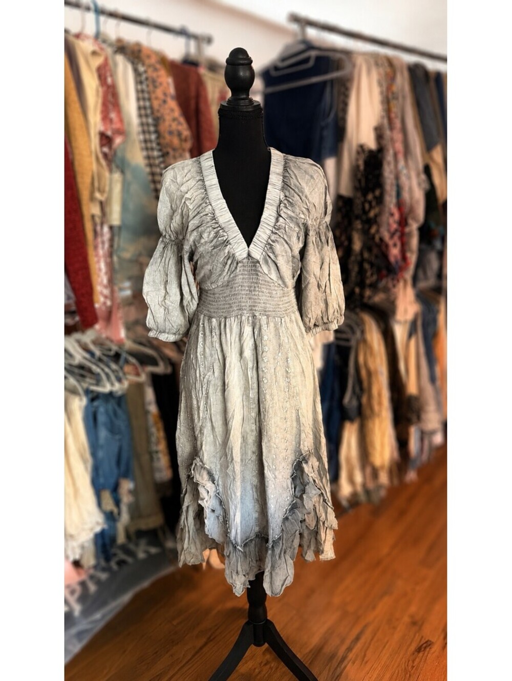 YOUNG THREADS Embroidered Boho Smocked Midi Dress Grey NWT Small